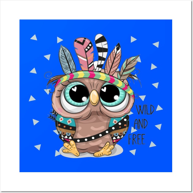 Cute Cartoon tribal Owl with feathers Wall Art by amramna